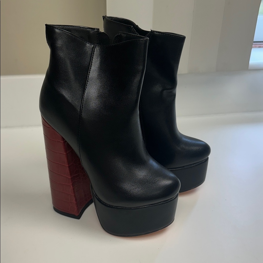 Black Platform Ankle Boots with Red Heel